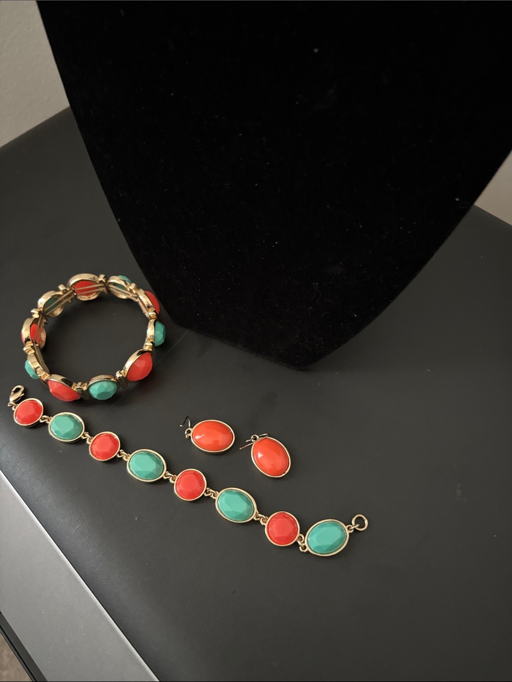 Gold-Tone Coral & Turquoise Stone Bracelet and Earring Set